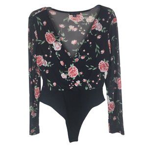 Faded Rose Women's XL Black Pink Floral Sheer Long Sleeve Body Suite
